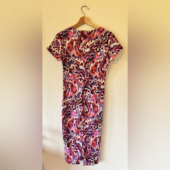 ba&sh Pleated Midi Multicolour Printed Textured Crepe Crinkle Short Sleeve Dress - Picture 6 of 17